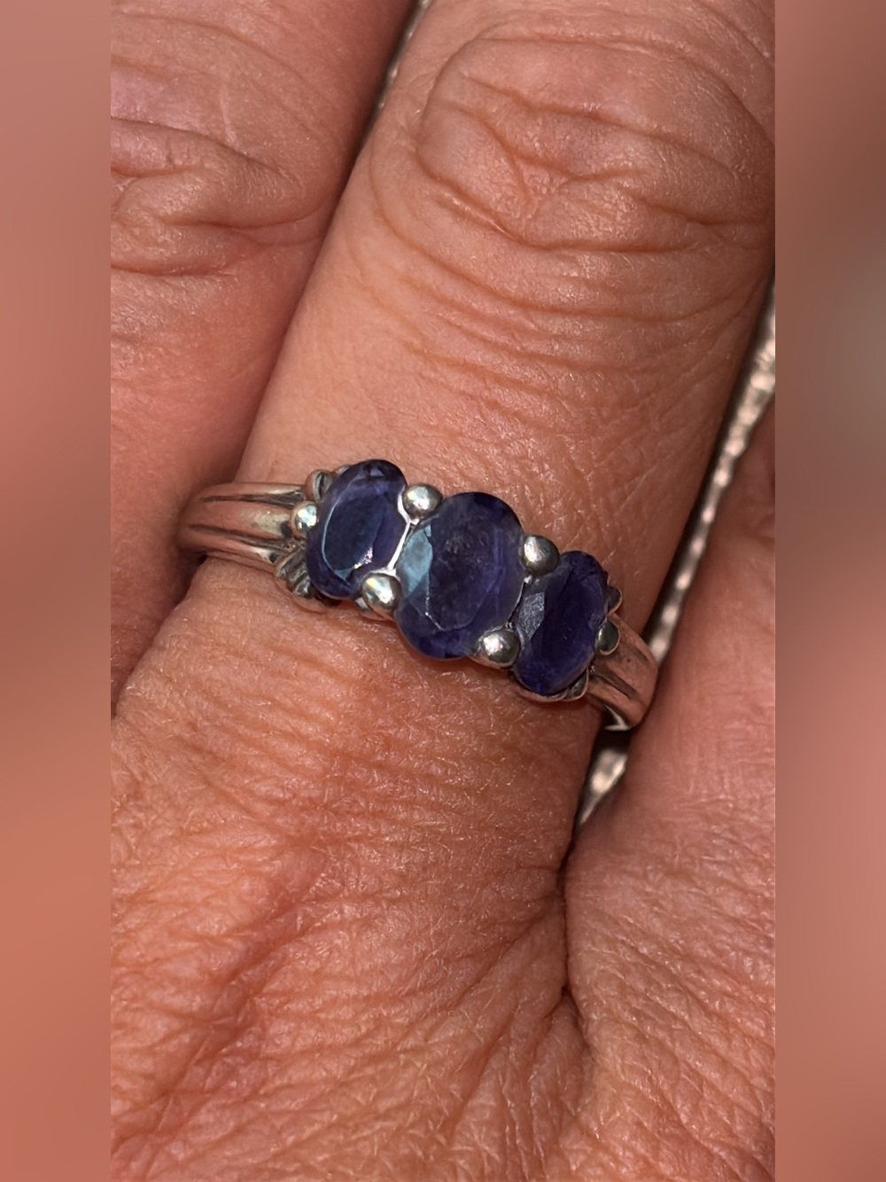 Sterling Silver Three-Stone Iolite Ring in Deep Blue